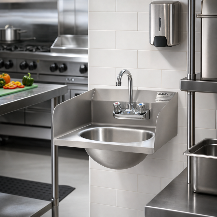 Product image #2 for Eagle Group Wall-Mount 304 Stainless Steel Hand Sink with Gooseneck Faucet, Basket Drain, and Side Splashes