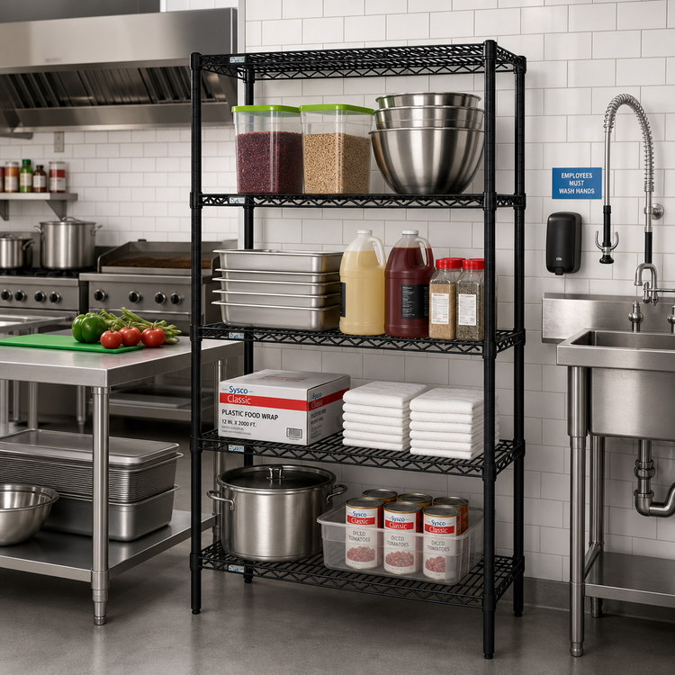 Product image #2 for Quantum Stationary Wire Shelving Starter Kit with 4 Shelves, 24"W x 18"D x 54"H, Black Epoxy Antimicrobial Finish