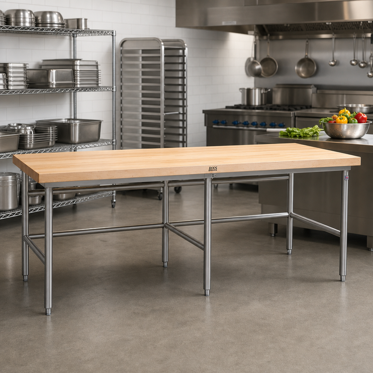Product image #2 for John Boos Baker's Table Frame for 72 x 30 Inch Top with Stainless Steel Legs and Bin Stops