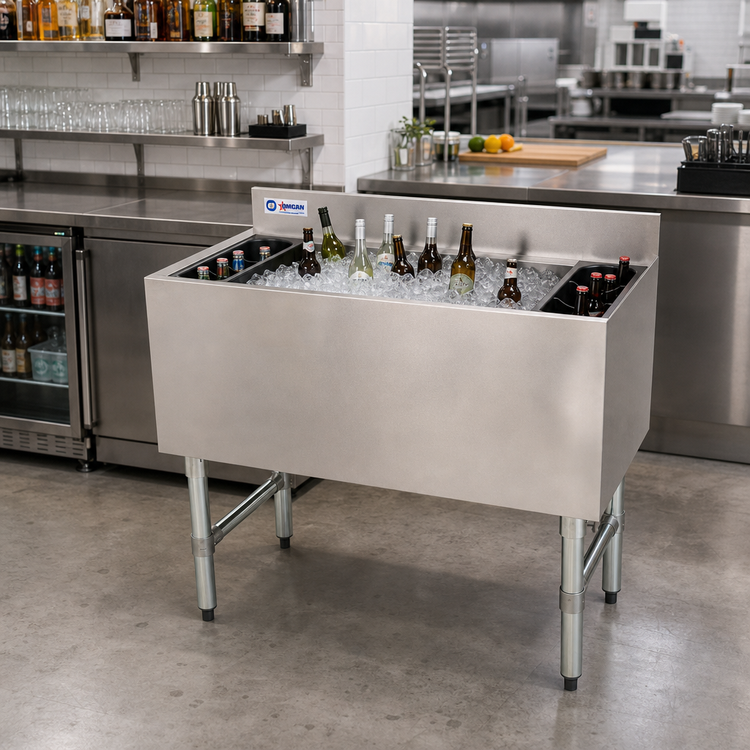 Product image #2 for Omcan 36-Inch Freestanding Stainless Steel Bar Ice Bin with 12-Inch Deep Bowl, Bottle Holder, and 3-Inch Backsplash