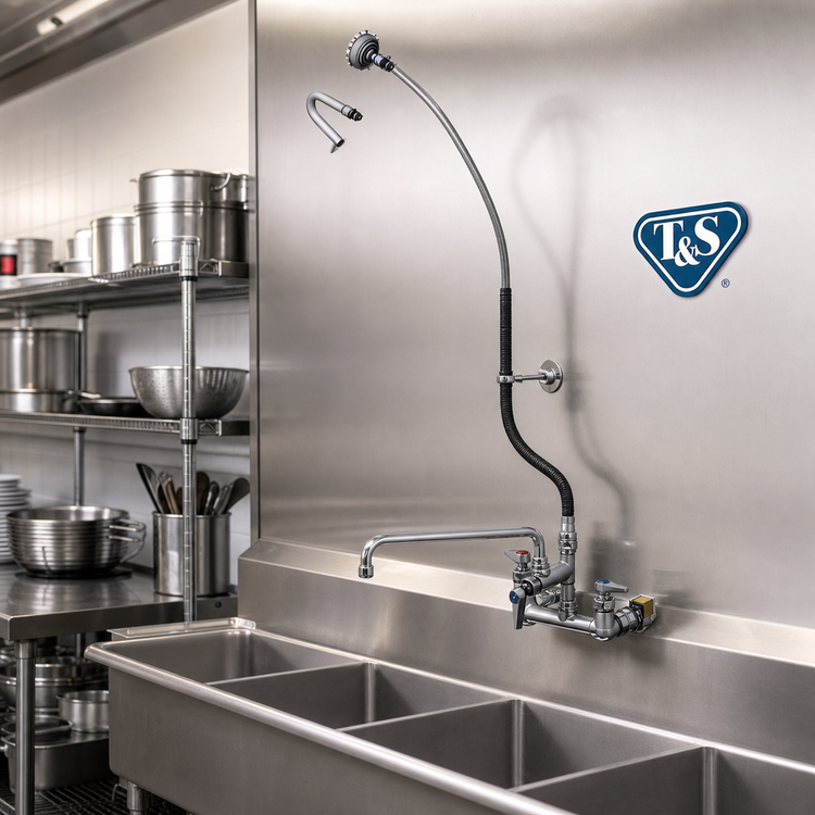 Product image #2 for T&S Brass Wall-Mount Pre-Rinse Mixing Faucet and Spray Assembly with 12-Inch Swing Nozzle, 60-Inch Hose, and 8-Inch Adjustable Centers