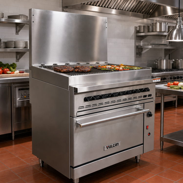 Product image #2 for Vulcan Endurance 36-Inch Natural Gas Restaurant Range with 36-Inch Charbroiler and 2-Drawer Refrigerated Base