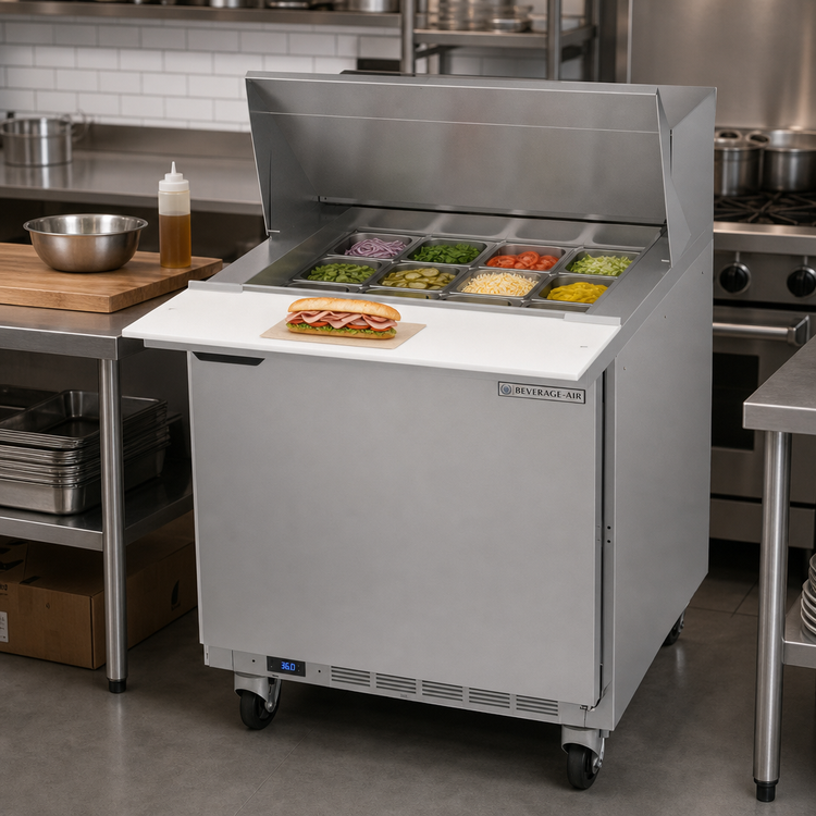 Product image #2 for Beverage-Air 32-Inch One-Section Sandwich Top Refrigerated Prep Table with Solid Door and 12-Pan Top