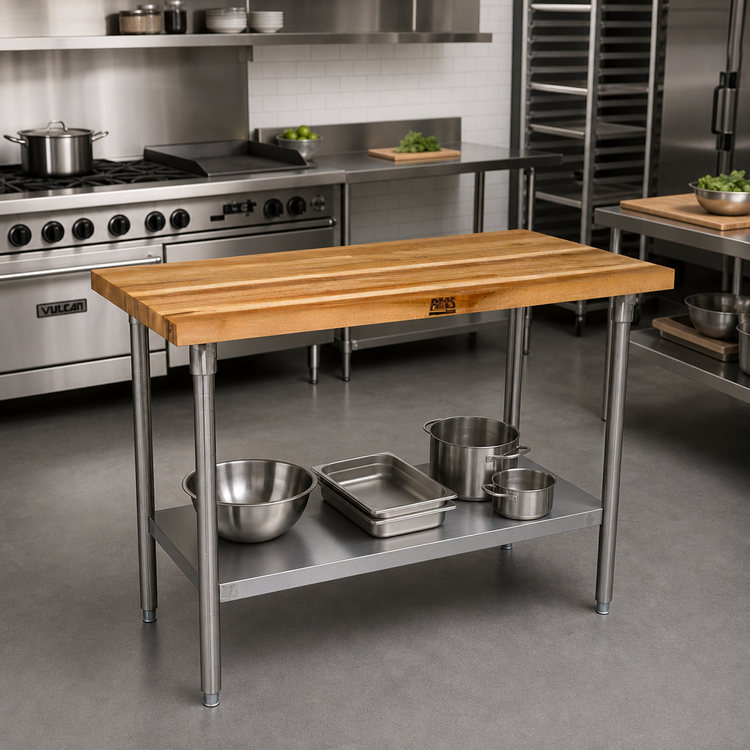 Product image #2 for John Boos 36 Inch x 24 Inch Wood Top Work Table with 1-3/4 Inch Edge Grain Northern Hard Rock Maple Top, Stainless Steel Legs, and Adjustable Undershelf