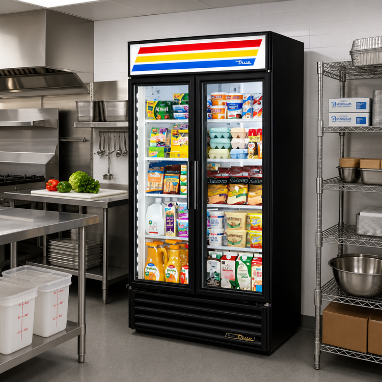 Product image #2 for True Two-Section Glass Door Merchandiser Refrigerator with 8 Shelves