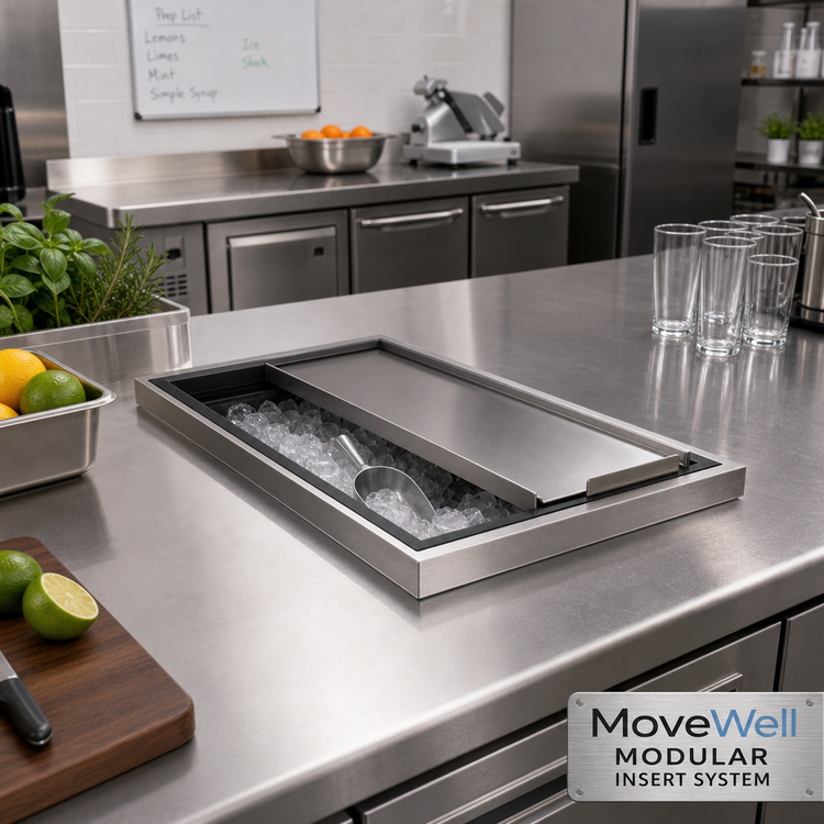 Product image #2 for MoveWell Insulated Stainless Steel Drop-In Ice Bin Modular Insert with Sliding Cover, 12" x 21" x 6"
