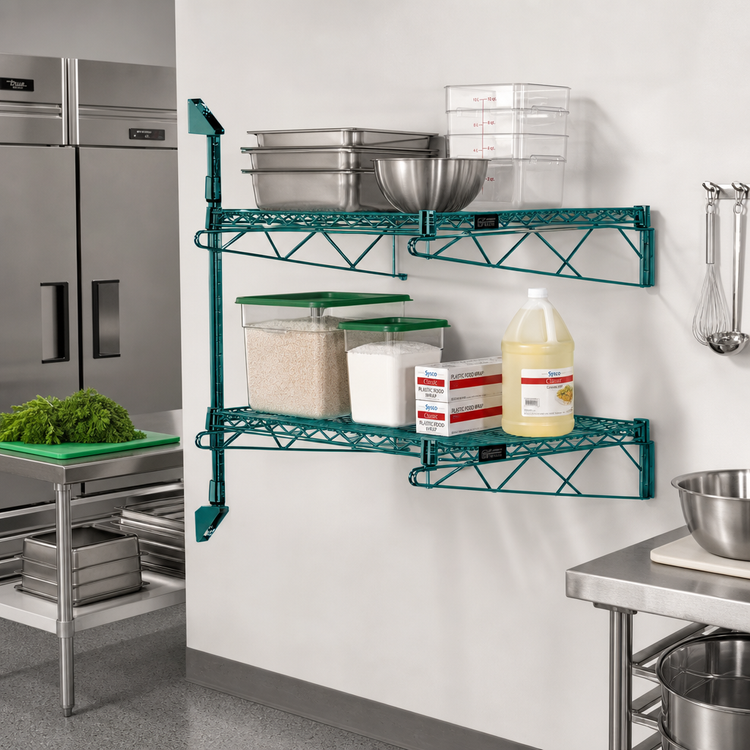 Product image #2 for Quantum Cantilever Double Shelf Post Wall-Mount Wire Shelving Unit, 42 x 18 Inches, Green Epoxy