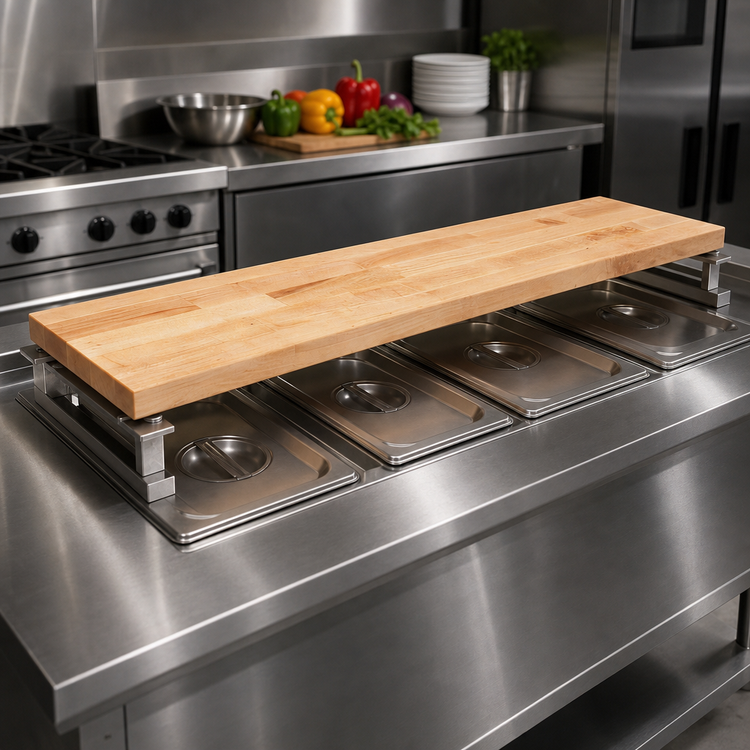 Product image #2 for John Boos 60 x 12 x 1-3/4 Inch Edge-Grain Maple Steam Table Cutting Board with Adjustable Stainless Steel Supports