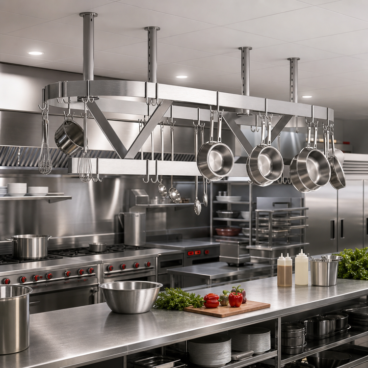 Product image #2 for Advance Tabco SC-84 Ceiling-Mounted Stainless Steel Triple-Bar Pot Rack, 84 Inch x 22 Inch, 18 Hooks