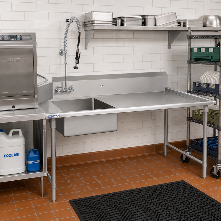 Product image #2 for Pro-Bowl Straight 14-Gauge Stainless Steel Soiled Dishtable with 20 x 20 x 8 Inch Sink Bowl, Right-to-Left, 144 Inch