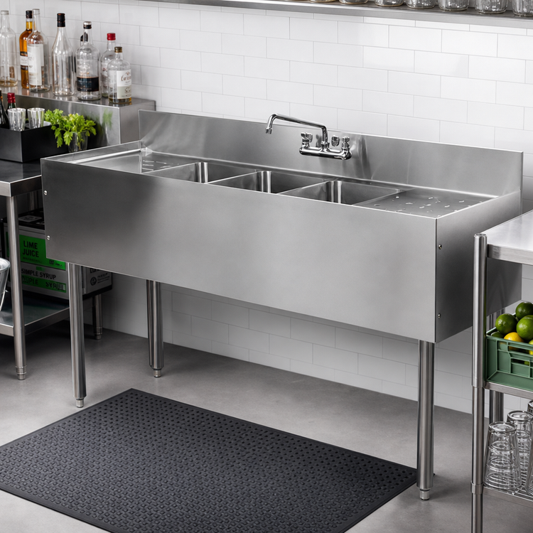 Product image #2 for CHOICE Four-Compartment Underbar Sink Unit, 48 Inch W x 19 Inch D, 4 Inch Backsplash