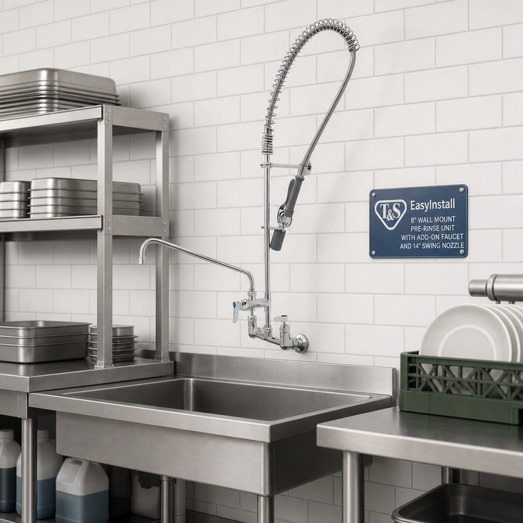 Product image #2 for T&S Brass EasyInstall 8-Inch Wall Mount Mixing Pre-Rinse Unit with Add-On Faucet and 14-Inch Swing Nozzle