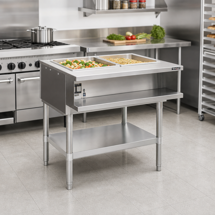 Product image #2 for Eagle Group AWT2-NG-3VP Natural Gas Water Bath Hot Food Table with Open Base and 2 Pan Openings