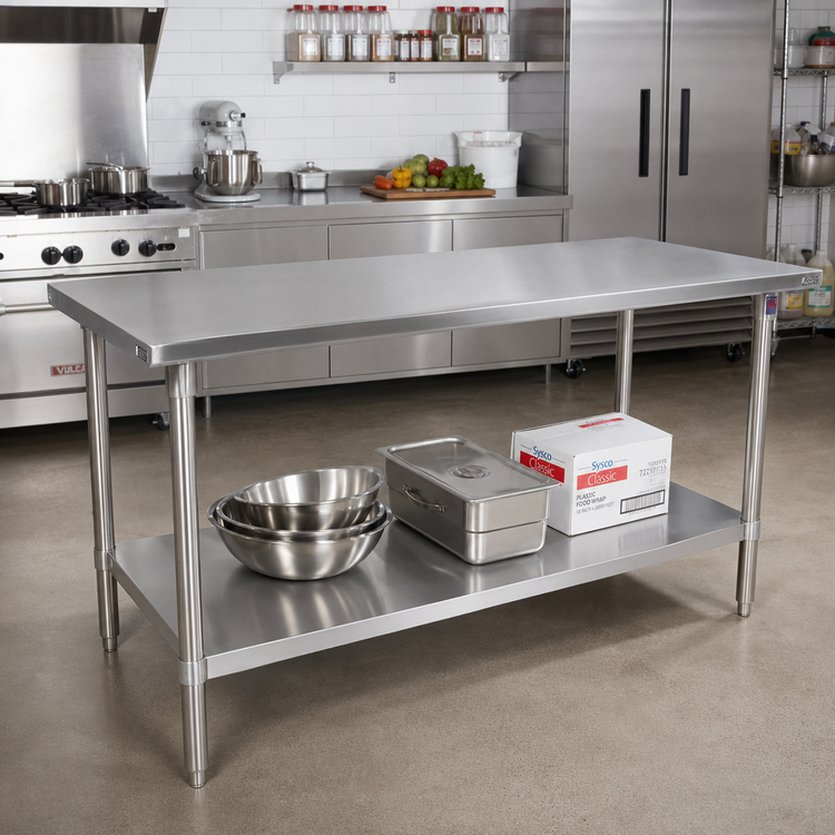 Product image #2 for John Boos Stallion 108-Inch x 24-Inch 16-Gauge 300 Series Stainless Steel Flat Top Work Table with Safety Edge and Adjustable Undershelf