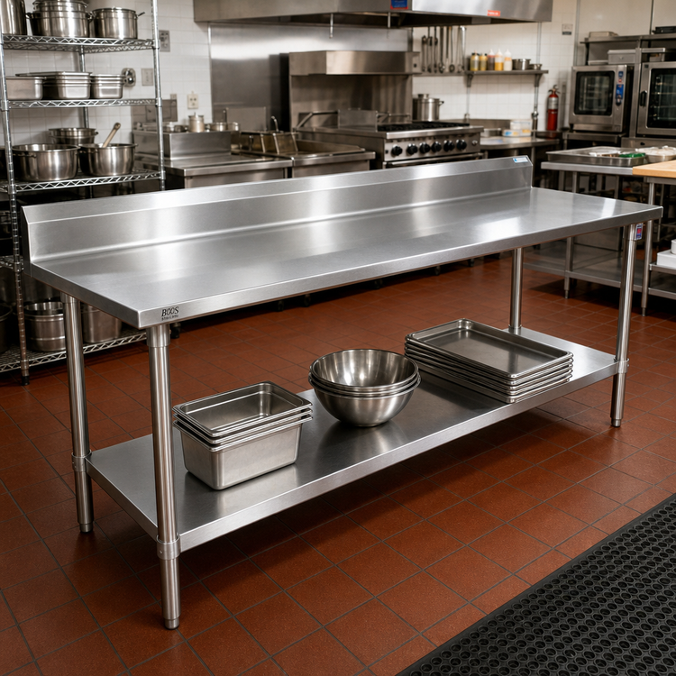 Product image #2 for John Boos Stallion 120" x 24" 14/300 Stainless Steel Work Table with 5" Backsplash, Safety Edge Front and Undershelf