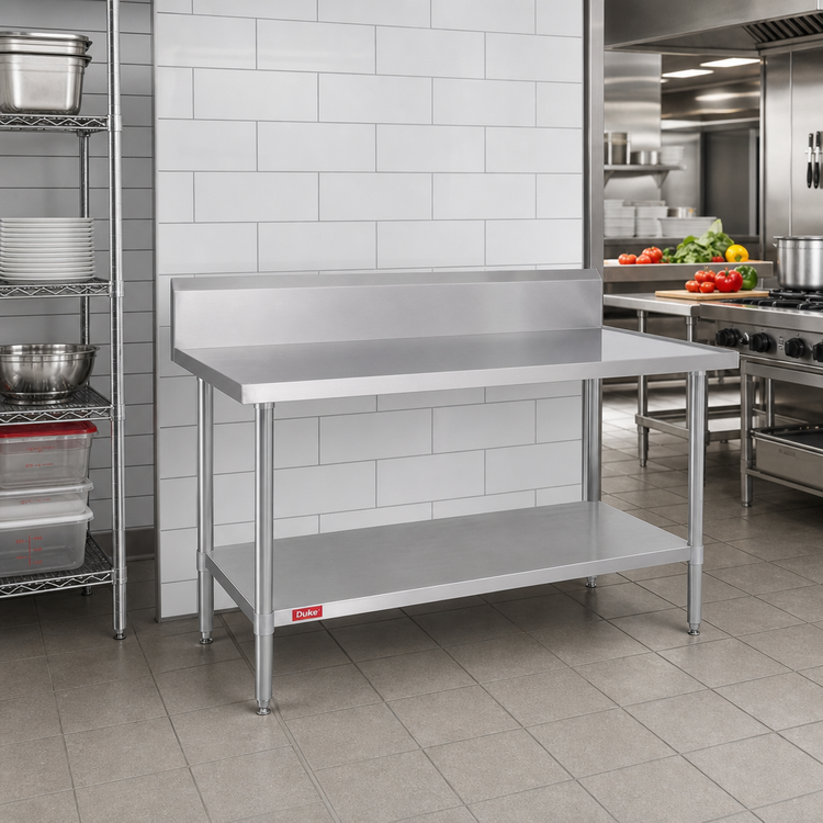 Product image #2 for Duke 30 Inch x 24 Inch 14 Gauge Stainless Steel Work Table with 10 Inch Riser and Galvanized Undershelf