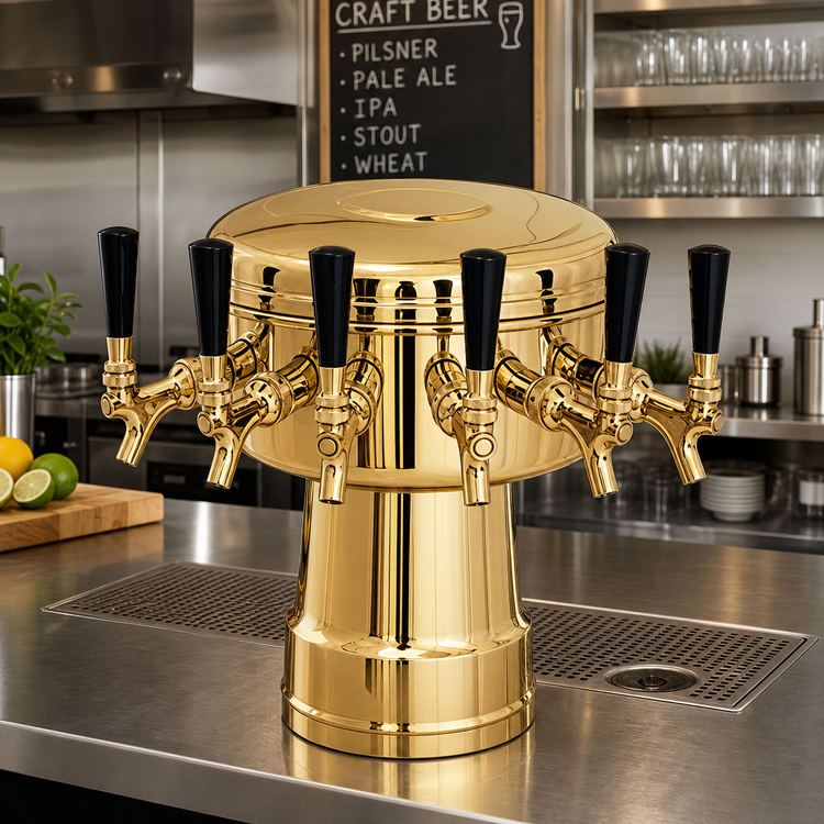 Product image #2 for Glastender 6-Faucet Mushroom Draft Dispensing Tower, Air-Cooled, Polished Brass, Countertop