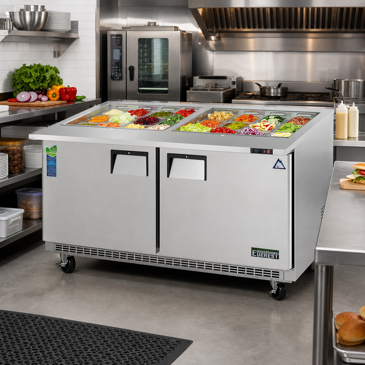 Product image #2 for Everest Refrigeration Mega-Top Open Top Prep Table, 2-Section, 59-1/8 Inch Wide, 24 x 1/6 Pan Capacity, Rear-Mounted Self-Contained Refrigeration