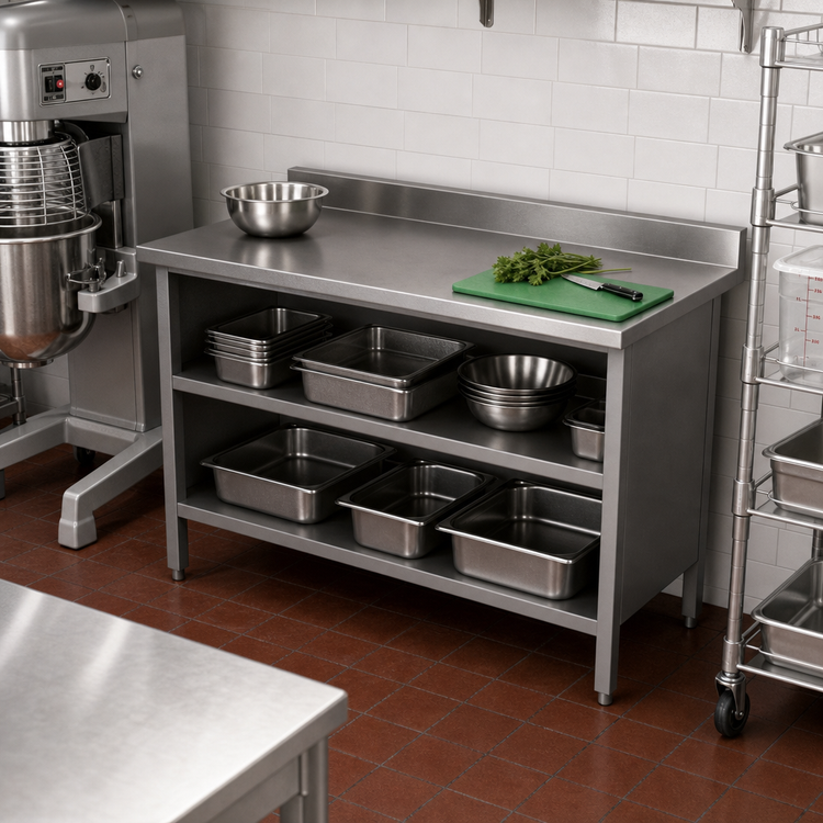 Product image #2 for John Boos Open-Front Enclosed Base Work Table with 16-Gauge 300 Series Stainless Steel Top and 5-Inch Rear Riser, 60 x 24 Inches