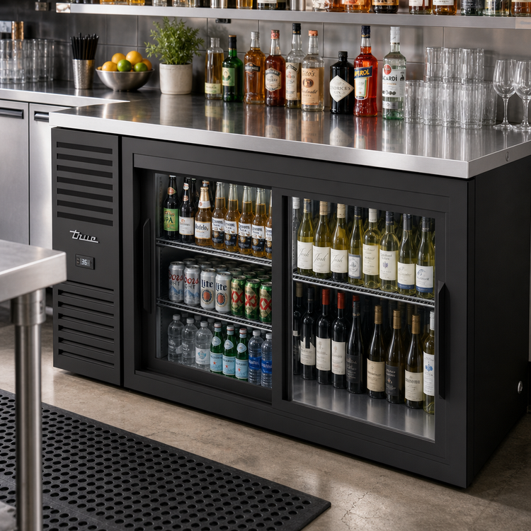 Product image #2 for True Premier Bar 60-Inch Pass-Thru Two-Section Back Bar Cooler with 4 Sliding Glass Doors and Side-Mounted Self-Contained Refrigeration