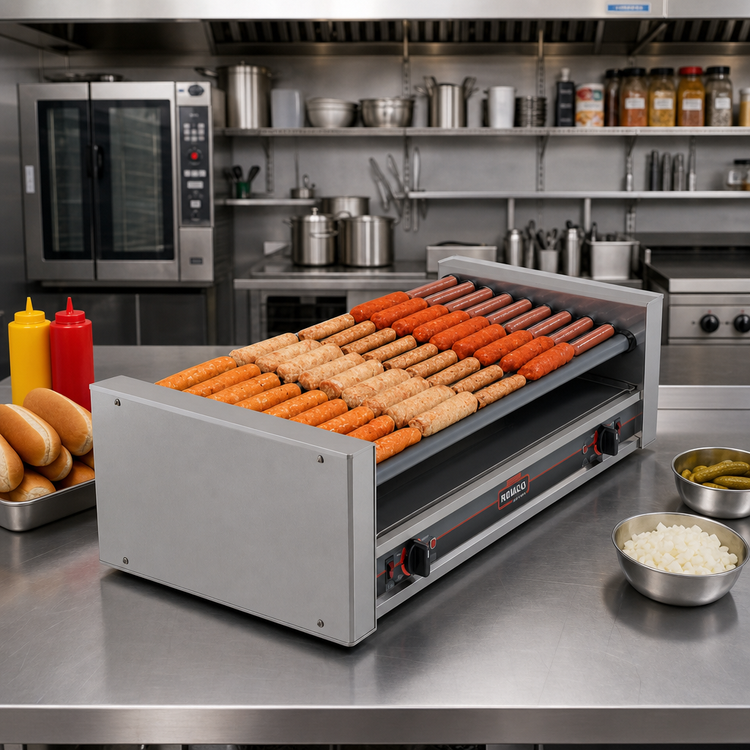 Product image #2 for Roll-A-Grill 45 Hot Dog Wide Slanted Roller Grill, 220V, 10 Chrome Rollers