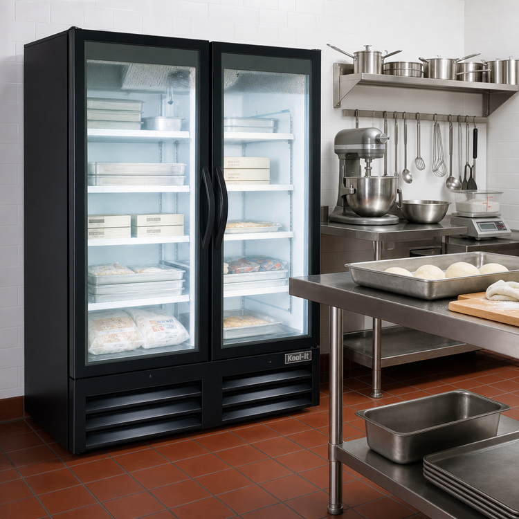 Product image #2 for Kool-It Two-Section Glass Door Freezer Merchandiser, Black, 18" x 26" Sheet Pan Capacity