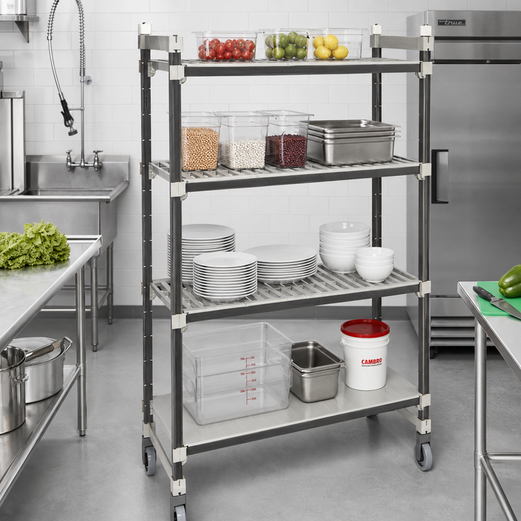 Product image #2 for Cambro Camshelving Elements XTRA High Density Top Rail Mobile Starter Unit, 24 x 36 x 80 Inches, 4-Tier Mixed Shelf Unit