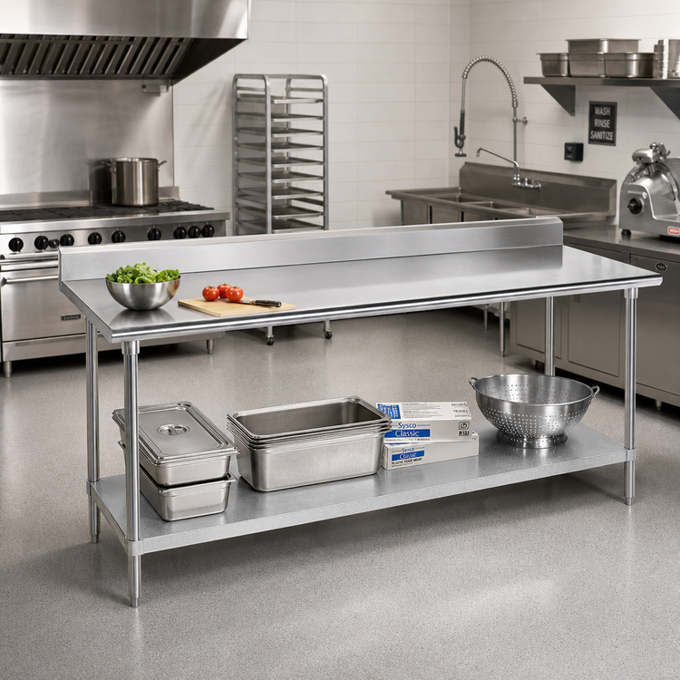 Product image #2 for Advance Tabco 144-Inch x 24-Inch Stainless Steel Work Table with 5-Inch Backsplash and Galvanized Undershelf