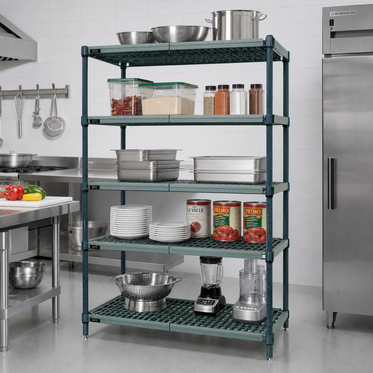 Product image #2 for Quantum 5-Tier Stationary Wire Plastic Mat Shelving Unit, 72-Inch W x 24-Inch D x 63-Inch H, Green Epoxy Coated