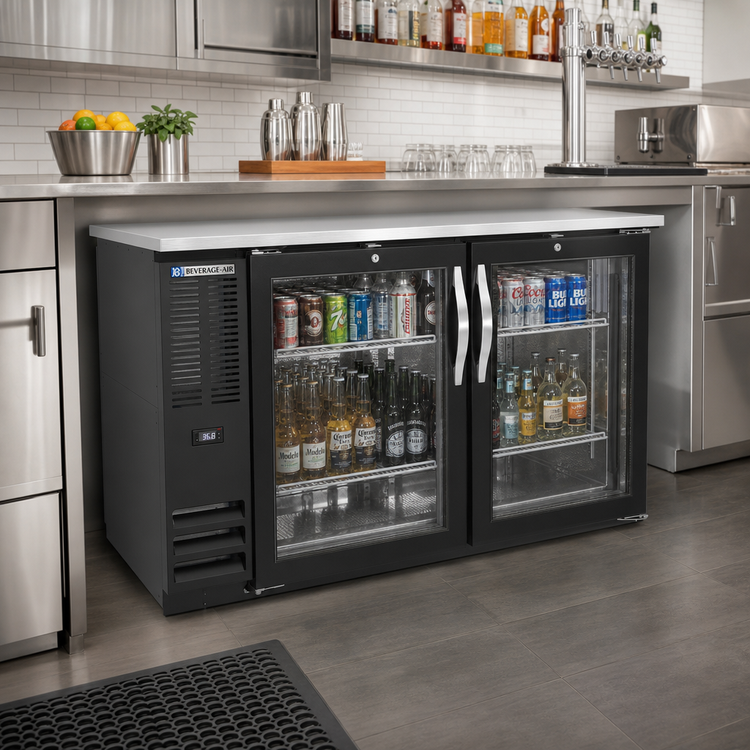 Product image #2 for Beverage-Air BB48HC-G-PT-B 48-Inch Two-Section Pass-Thru Back Bar Refrigerator with 4 Glass Doors and Stainless Steel Top
