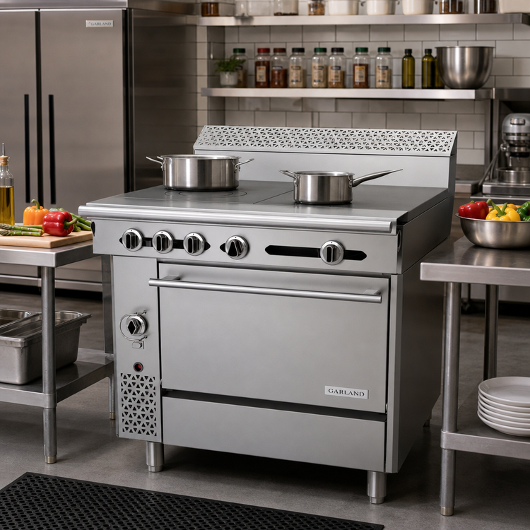 Product image #2 for Garland Cuisine Series 36-Inch Heavy Duty Gas Combination Top Range with Dual Hot Tops and Convection Oven