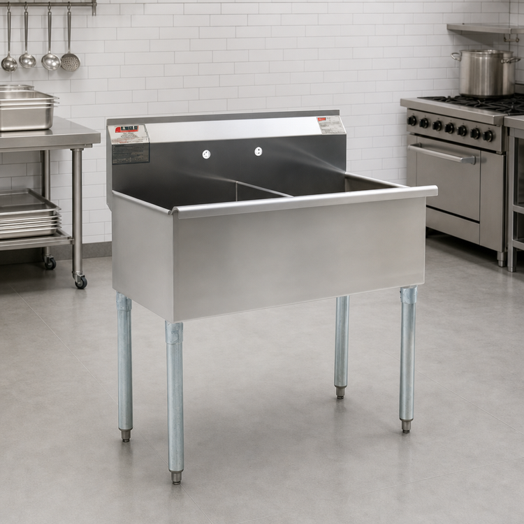 Product image #2 for Eagle Group Two-Compartment Utility Sink, 49-3/8 in W x 28 in D, 16-Gauge 430 Stainless Steel, No Drainboards, with Galvanized Legs