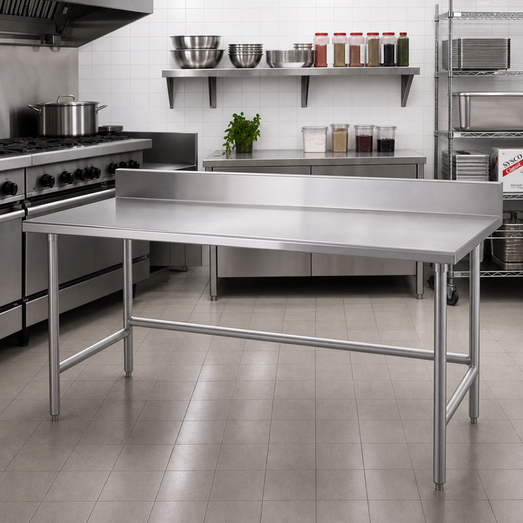 Product image #2 for Advance Tabco 120" x 30" Open Base 14-Gauge 304 Stainless Steel Work Table with 5" Backsplash