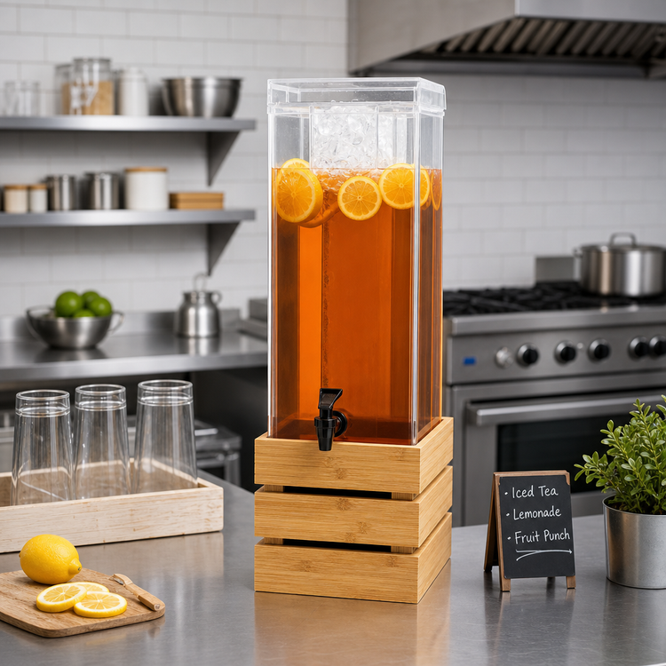 Product image #2 for Bamboo 3 Gallon Single Square Acrylic Beverage Dispenser with Ice Chamber and Crate Stand
