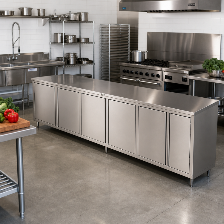 Product image #2 for John Boos Stainless Steel Enclosed Work Table with Cabinet Base and 3 Hinged Door Sets, 144 x 30 Inches