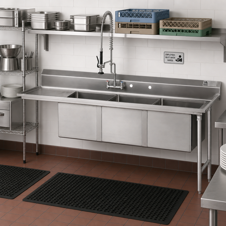 Product image #2 for Advance Tabco 66-Inch Right-Hand 3-Compartment Sink Dishtable with 6-Inch Drainboard and 16-Gauge 304 Stainless Steel Top