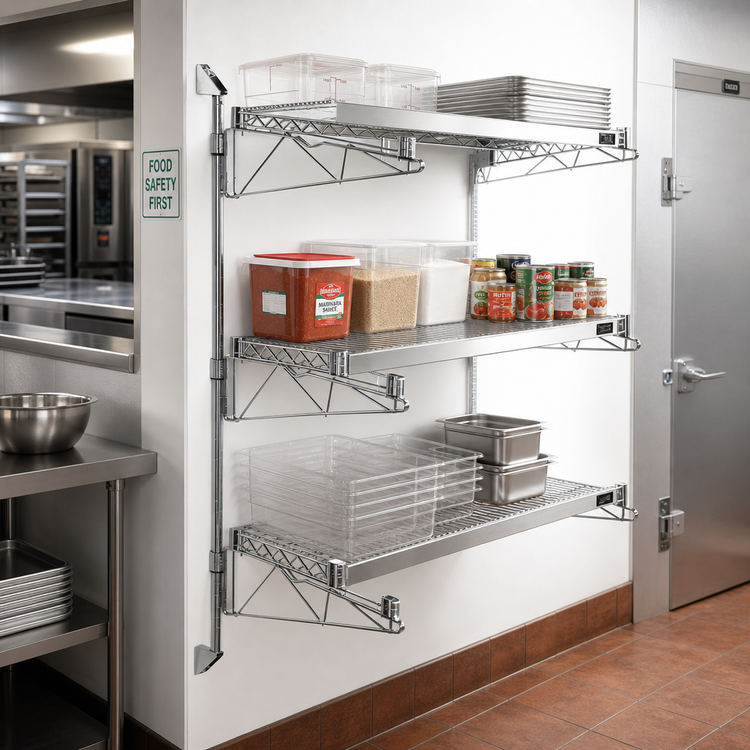 Product image #2 for Quantum Wall-Mounted Cantilever Wire Shelving Starter Unit with 3 Shelves