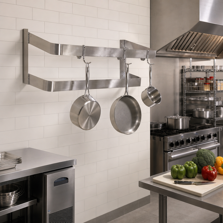Product image #2 for Omcan USA 48-Inch Wall-Mounted Double-Bar Stainless Steel Pot Rack with 4 Plated Hooks