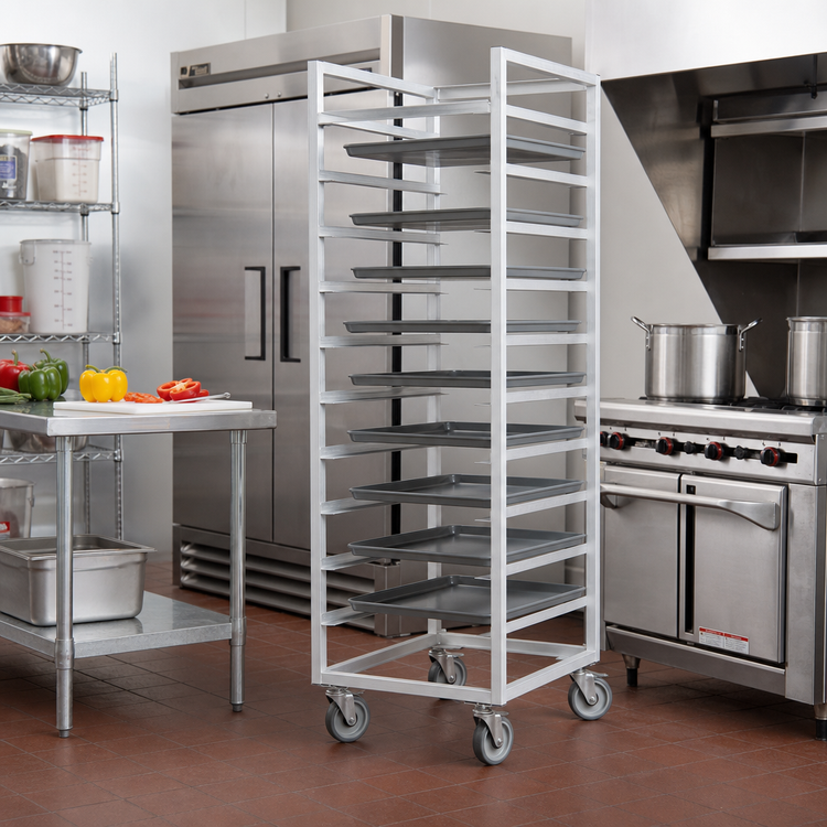 Product image #2 for Channel Aluminum Cafeteria Tray Rack with 5 Inch Swivel Plate Casters, Single Section, End Load, 28-Tray Capacity, 15 x 20 Tray Size, 64 Inch H