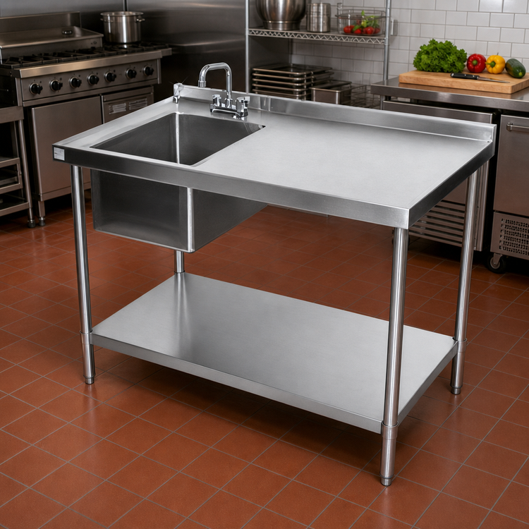 Product image #2 for Klinger's Trading 48" x 30" Left-Side Prep Sink Work Table with 304 Stainless Steel Top, Undershelf and 2" Backsplash