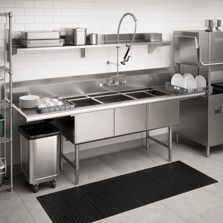 Product image #2 for John Boos Straight Stainless Steel Dishtable/Pot Sink, 121-5/8 Inches Wide, 3 Compartments, 2 Drainboards, Right-Side Dish Machine Attachment