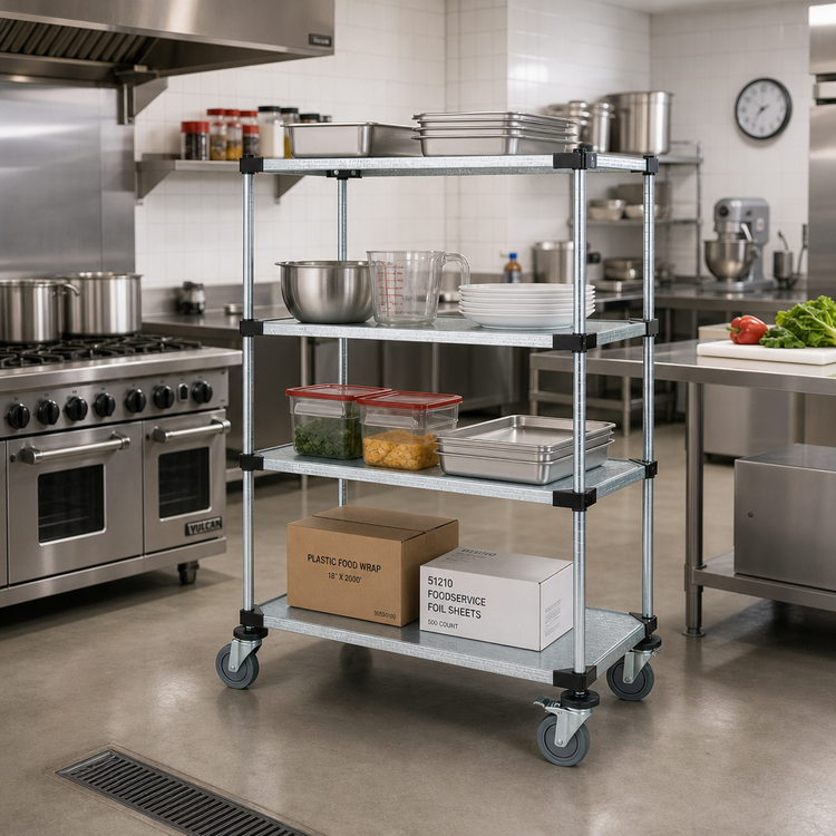 Product image #2 for Quantum 4-Shelf Mobile Cart with Solid Galvanized Steel Shelves, 48W x 18D x 69H