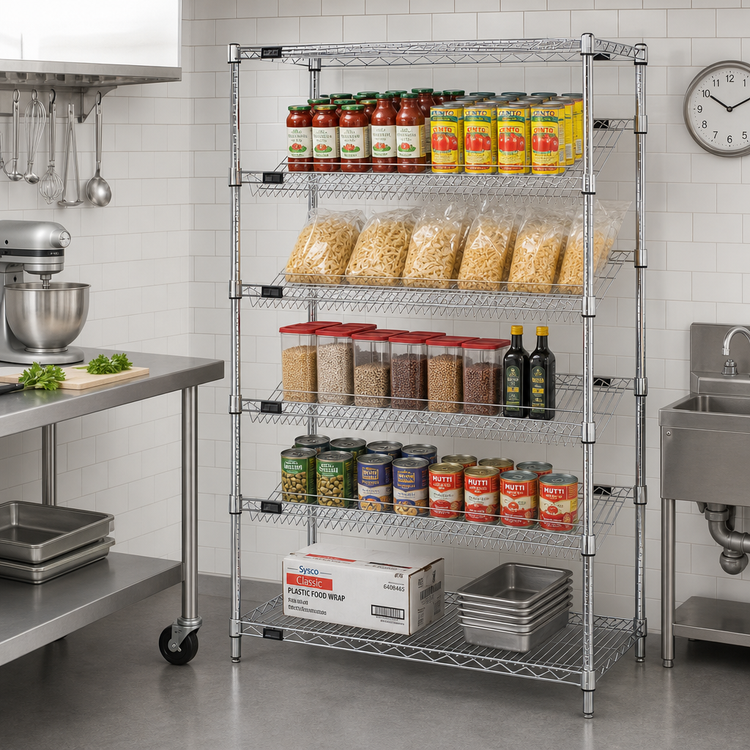Product image #2 for Quantum 48W x 24D x 63H Stationary Slanted Wire Shelving Unit with 5 Shelves, Chrome Finish
