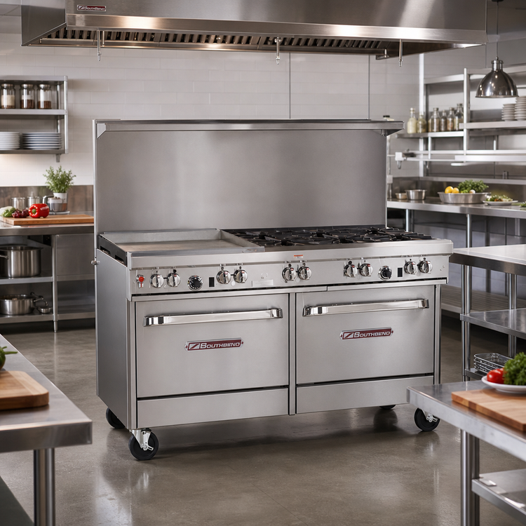 Product image #2 for Southbend Ultimate 60-Inch Gas Restaurant Range with 6 Open Burners, 24-Inch Griddle/Broiler, Convection Oven and Cabinet Base