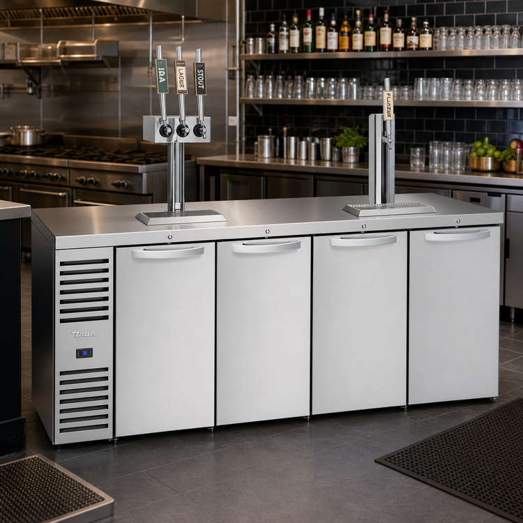 Product image #2 for True 92 Inch Four-Section Refrigerated Draft Bar Cooler with Stainless Steel Countertop and 2 Insulated Beer Columns