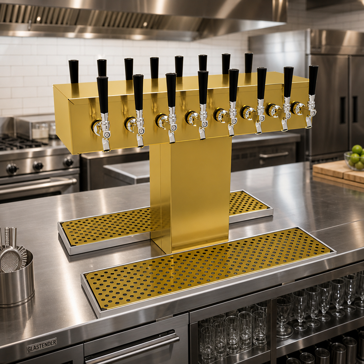 Product image #2 for Glastender Double-Sided 16-Faucet Countertop Glycol-Cooled Draft Dispensing Tower, Polished Brass Finish