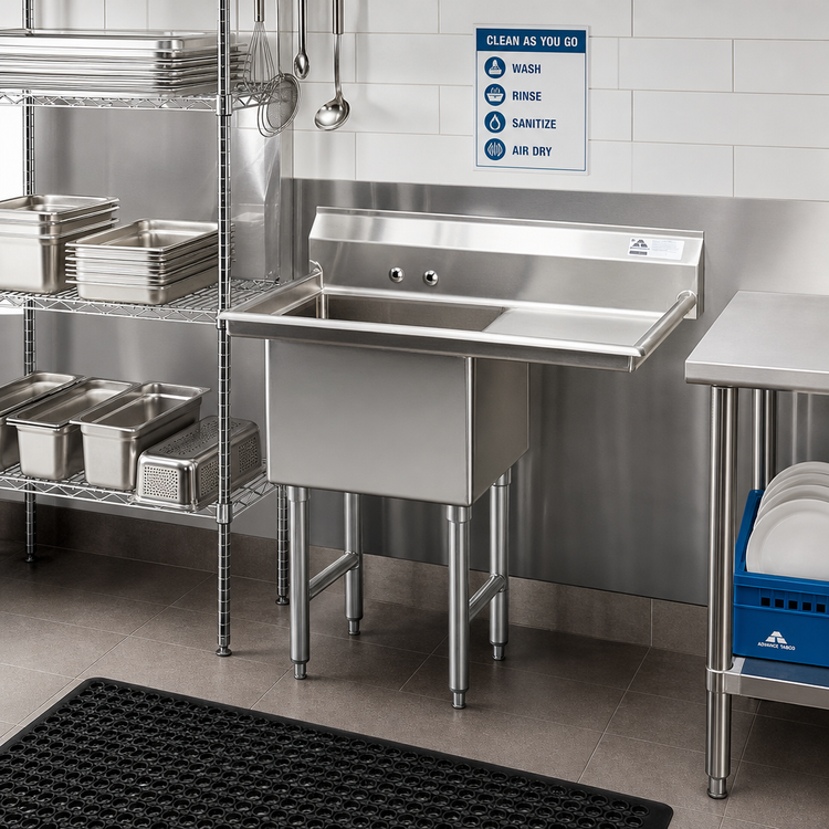 Product image #2 for Advance Tabco 1-Compartment Fabricated Sink with 18-Inch Right Drainboard, 16-Gauge 304 Stainless Steel, 16 x 20 x 14-Inch Bowl