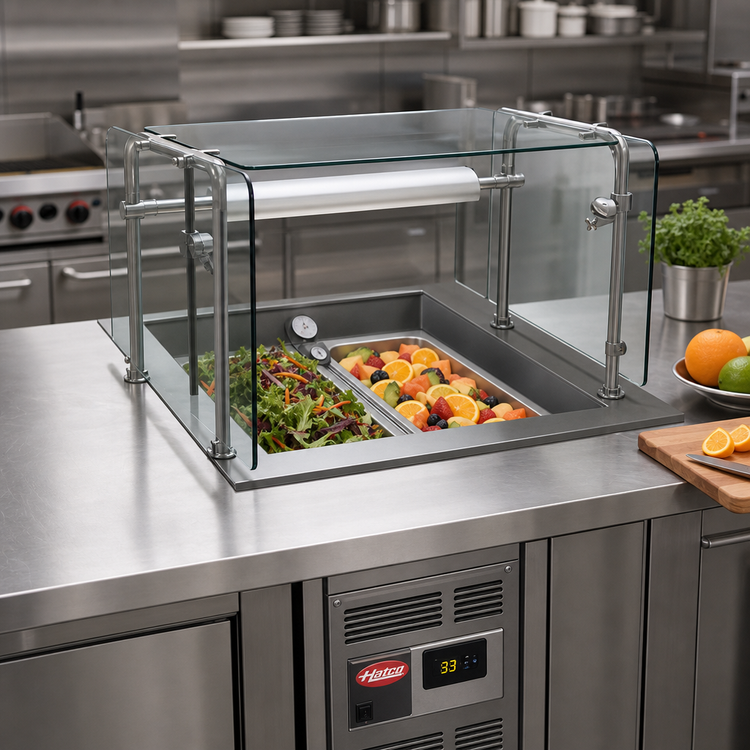 Product image #2 for Hatco 2-Pan Full-Size R-290 Drop-In Refrigerated Cold Well Bundle with Sneeze Guard and Lamp