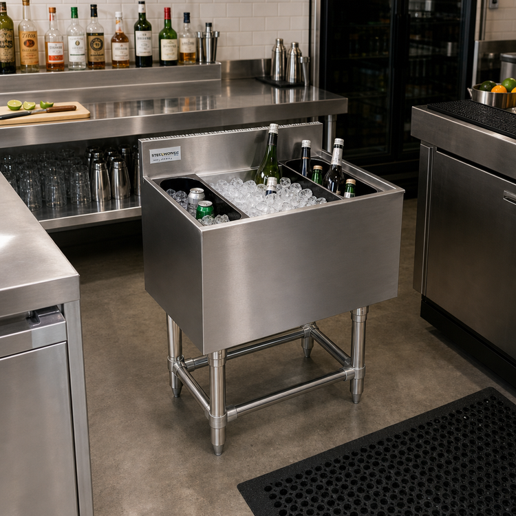 Product image #2 for Steel Works Stainless 30" x 18" Underbar Ice Chest, 100 lb. Capacity