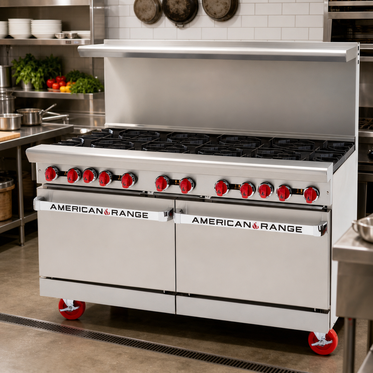 Product image #2 for American Range 60-Inch Gas Restaurant Range with 10 Open Burners, Left Standard Oven, and Right Storage Base